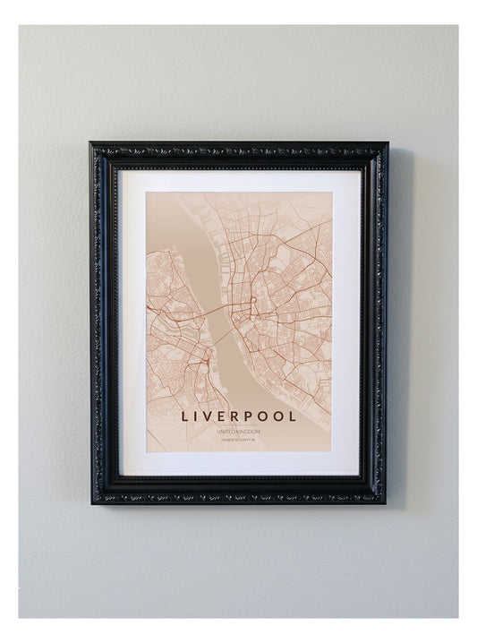 Ornate Framed Liverpool City Map Print - Copper Edition A4 Poster - Black Decorative Frame