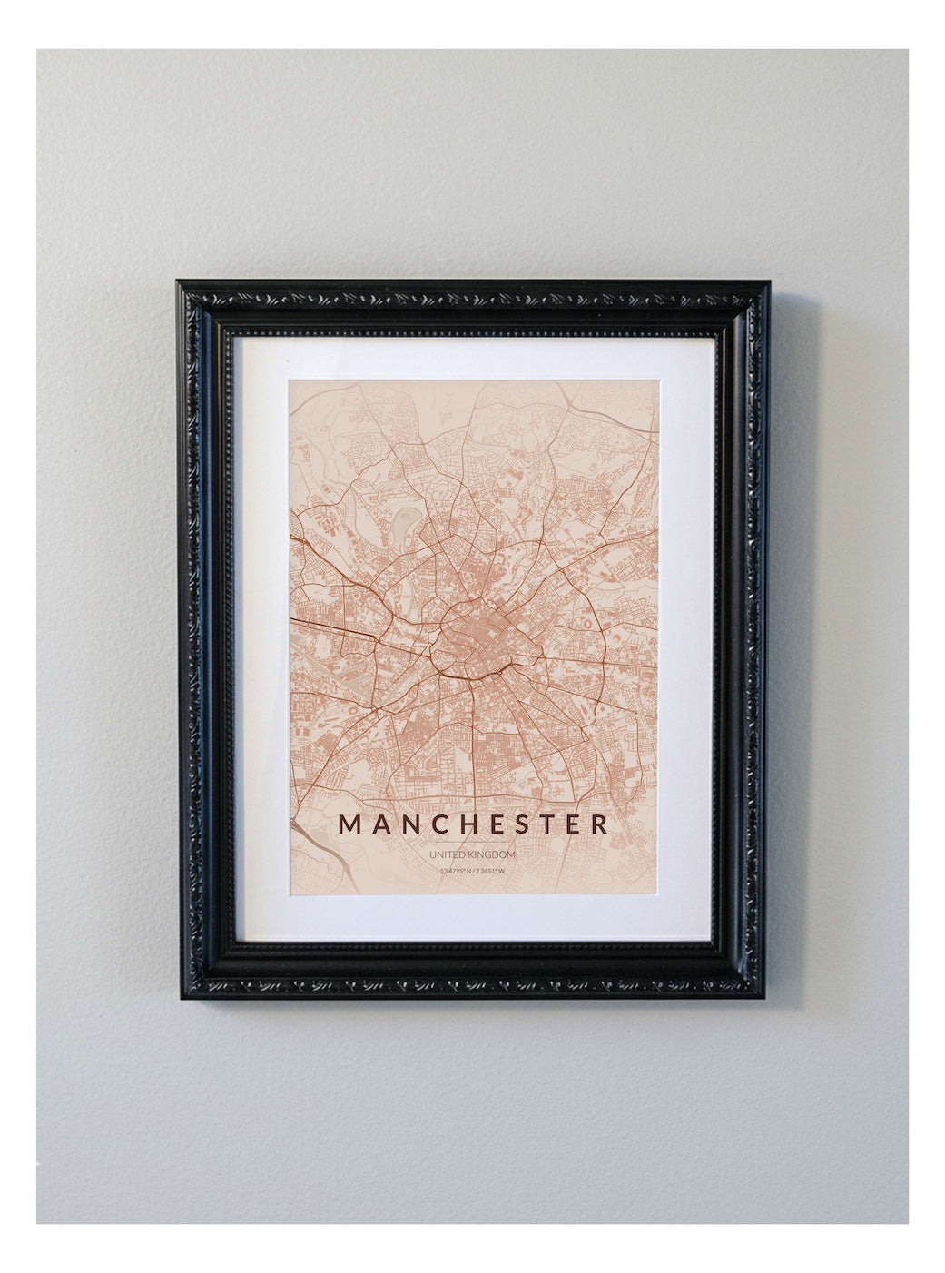 Ornate Framed Manchester City Map Print - Copper Edition A4 Poster - Black Decorative Frame