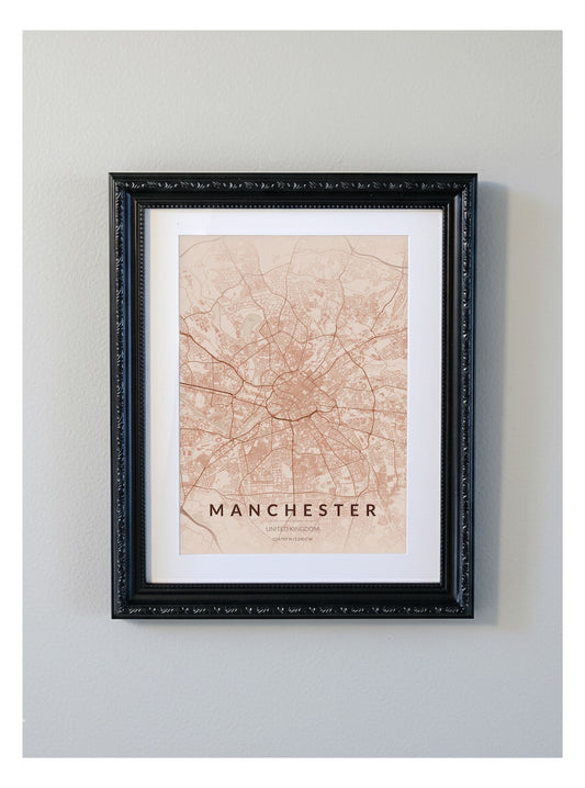 Ornate Framed Manchester City Map Print - Copper Edition A4 Poster - Black Decorative Frame