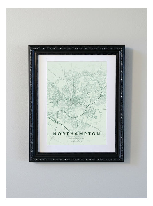 Ornate Framed Northampton City Map Print - Heritage Green Edition A4 Poster - Black Decorative Frame
