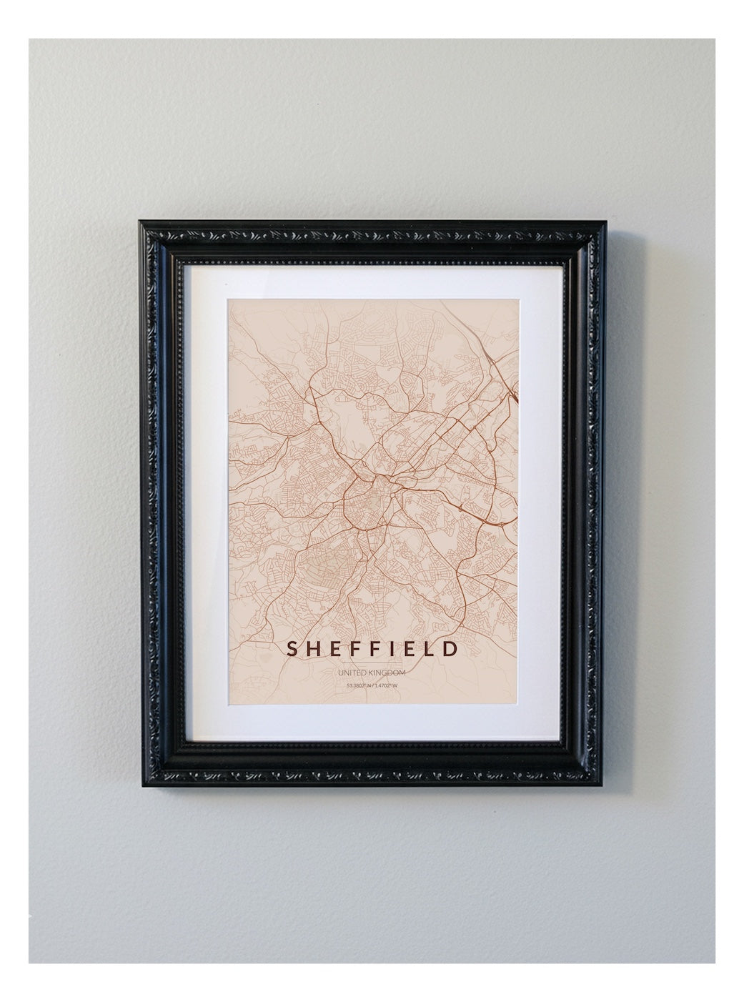 Ornate Framed Sheffield City Map Print - Copper Edition A4 Poster - Black Decorative Frame