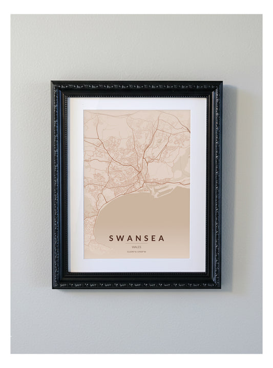 Ornate Framed Swansea City Map Print - Copper Edition A4 Poster - Black Decorative Frame