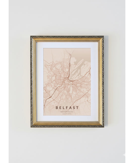Antique Gold Framed Belfast City Map Print  Copper Edition A4 Poster