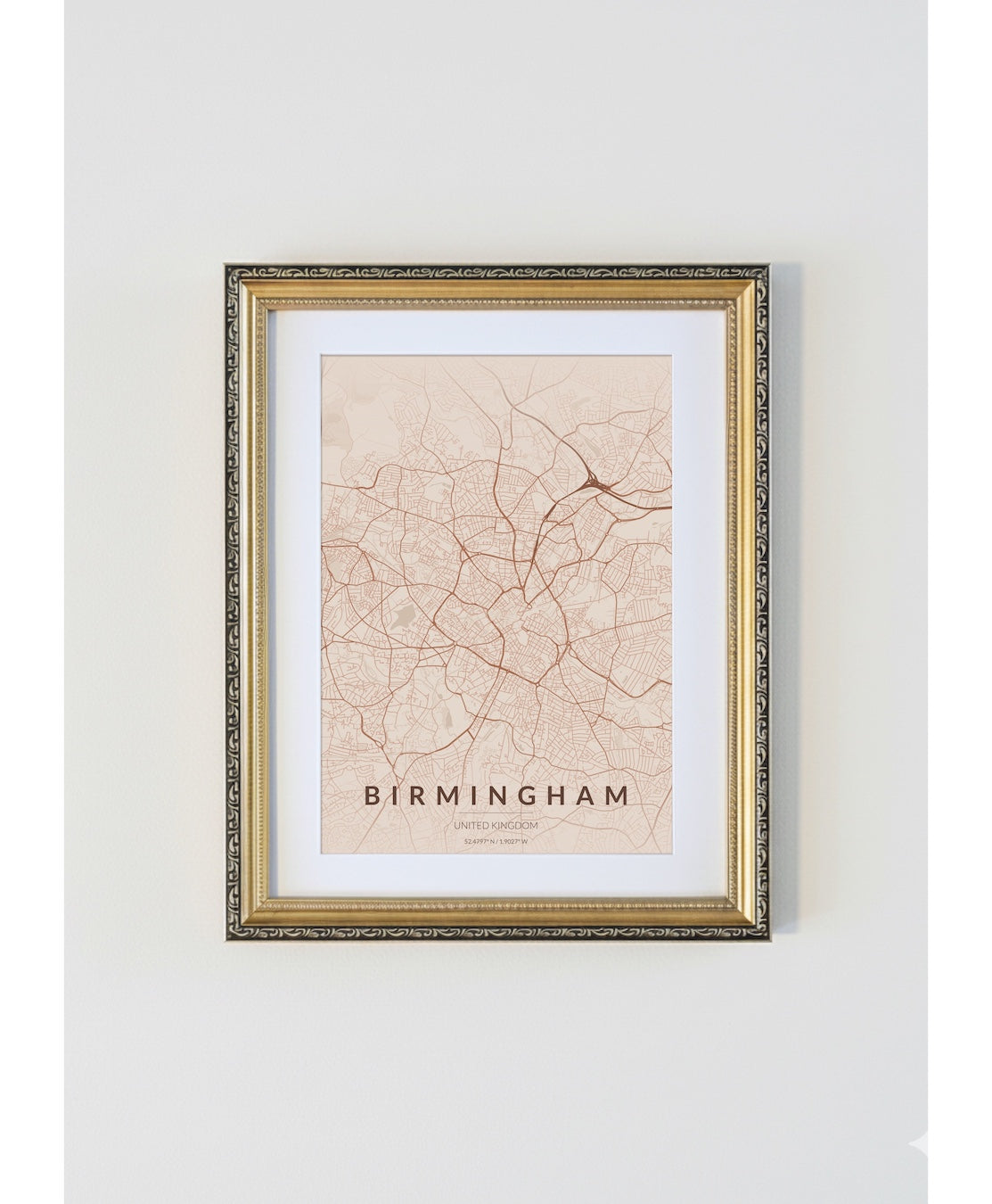 Antique Gold Framed Birmingham City Map Print  Copper Edition A4 Poster