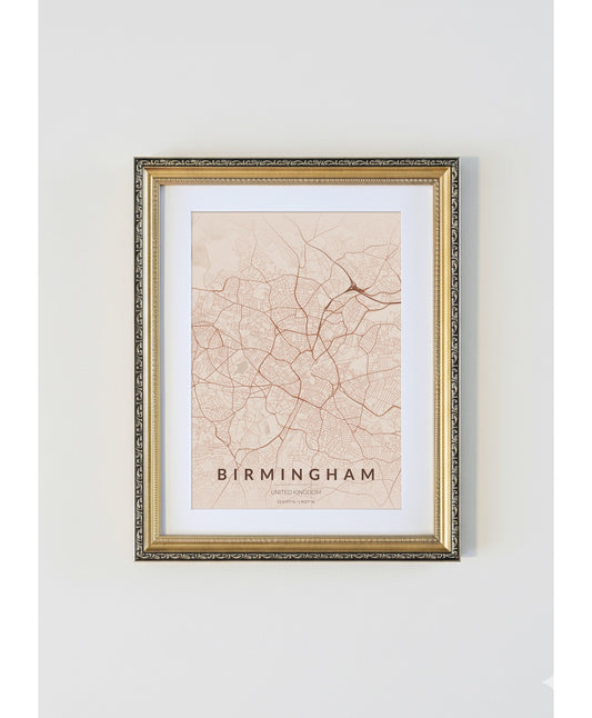 Antique Gold Framed Birmingham City Map Print  Copper Edition A4 Poster