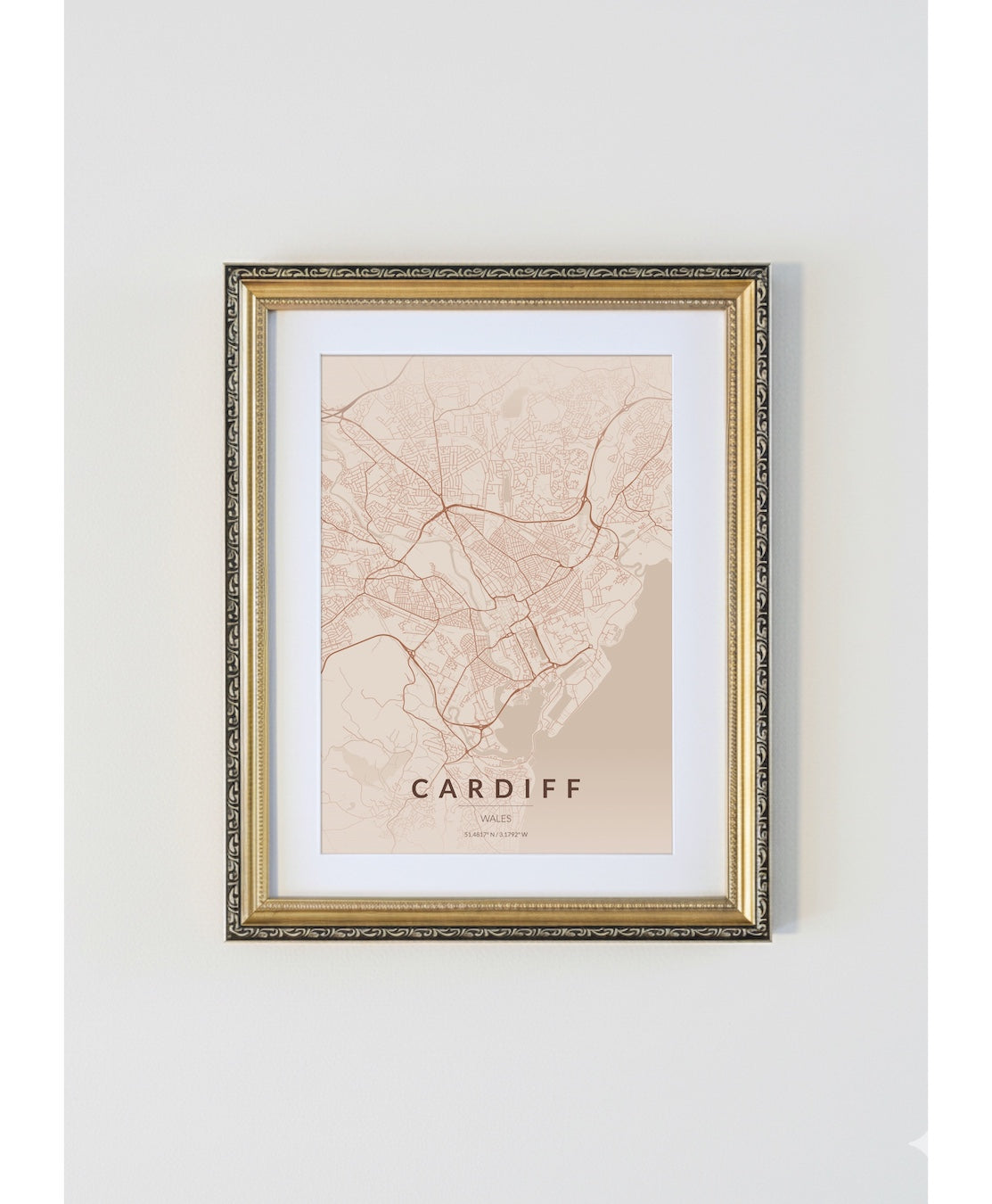 Antique Gold Framed Cardiff City Map Print  Copper Edition A4 Poster