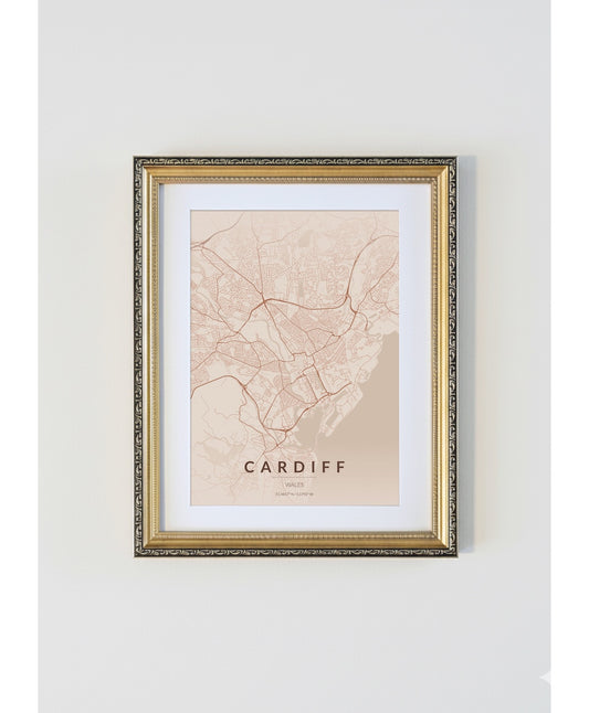 Antique Gold Framed Cardiff City Map Print  Copper Edition A4 Poster