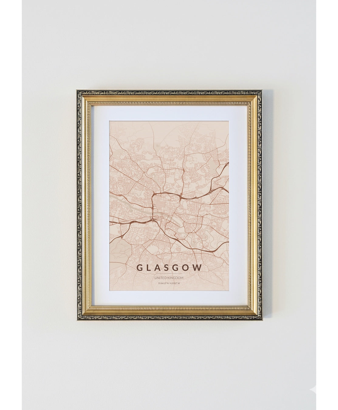 Antique Gold Framed Glasgow City Map Print  Copper Edition A4 Poster