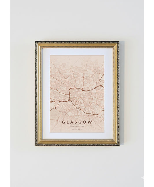 Antique Gold Framed Glasgow City Map Print  Copper Edition A4 Poster
