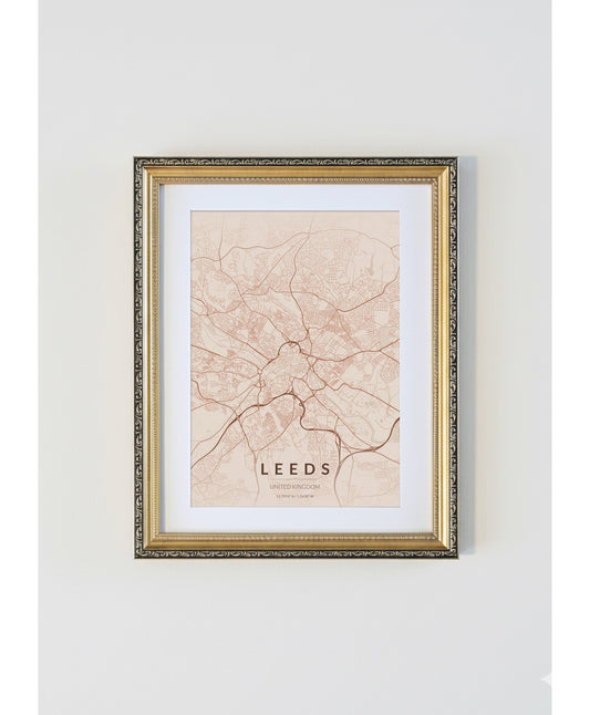 Antique Gold Framed Leeds City Map Print  Copper Edition A4 Poster