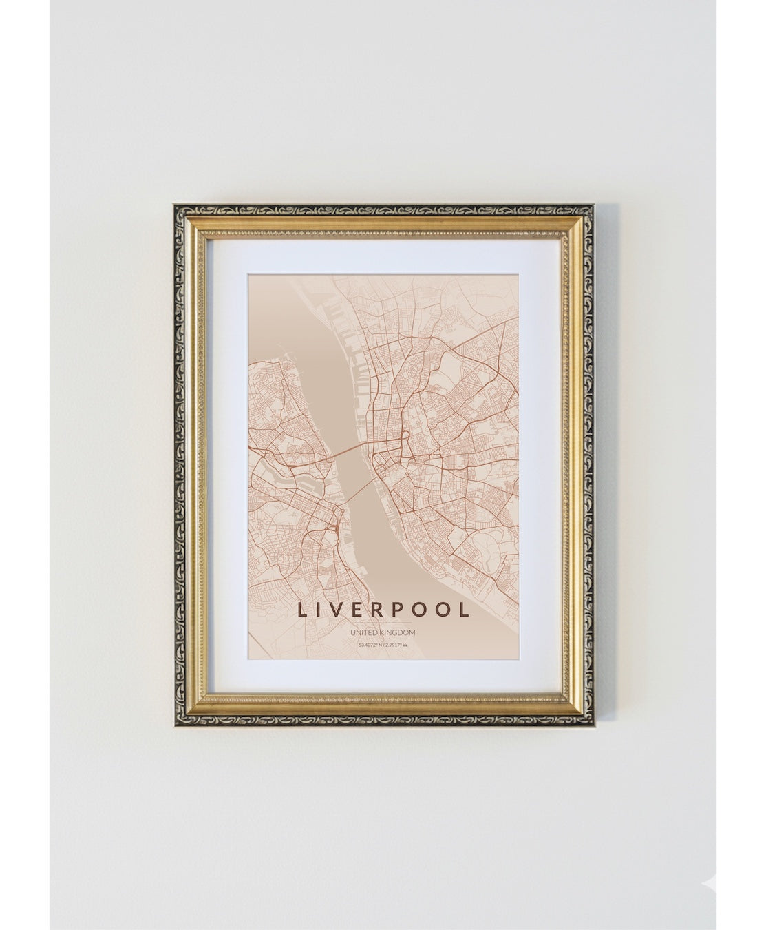 Antique Gold Framed Liverpool City Map Print  Copper Edition A4 Poster