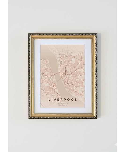 Antique Gold Framed Liverpool City Map Print  Copper Edition A4 Poster