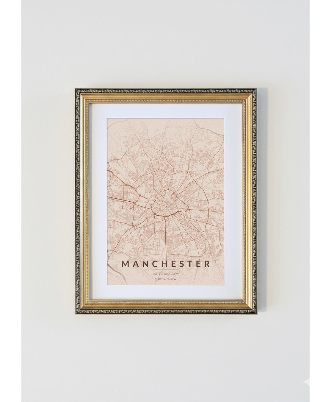 Antique Gold Framed Manchester City Map Print  Copper Edition A4 Poster