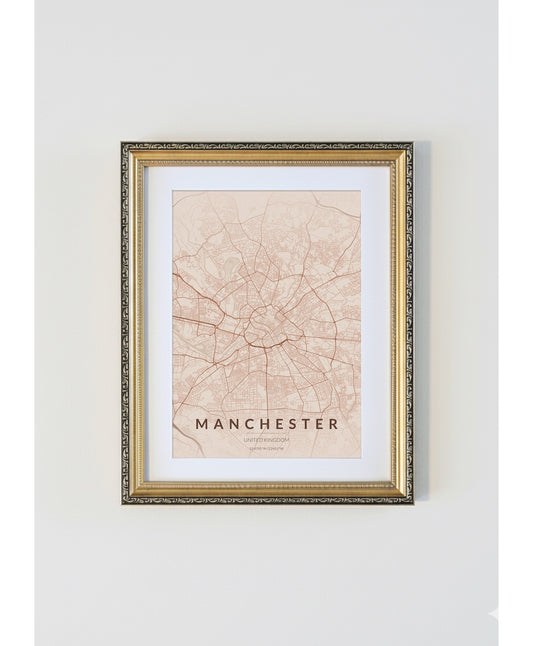 Antique Gold Framed Manchester City Map Print  Copper Edition A4 Poster