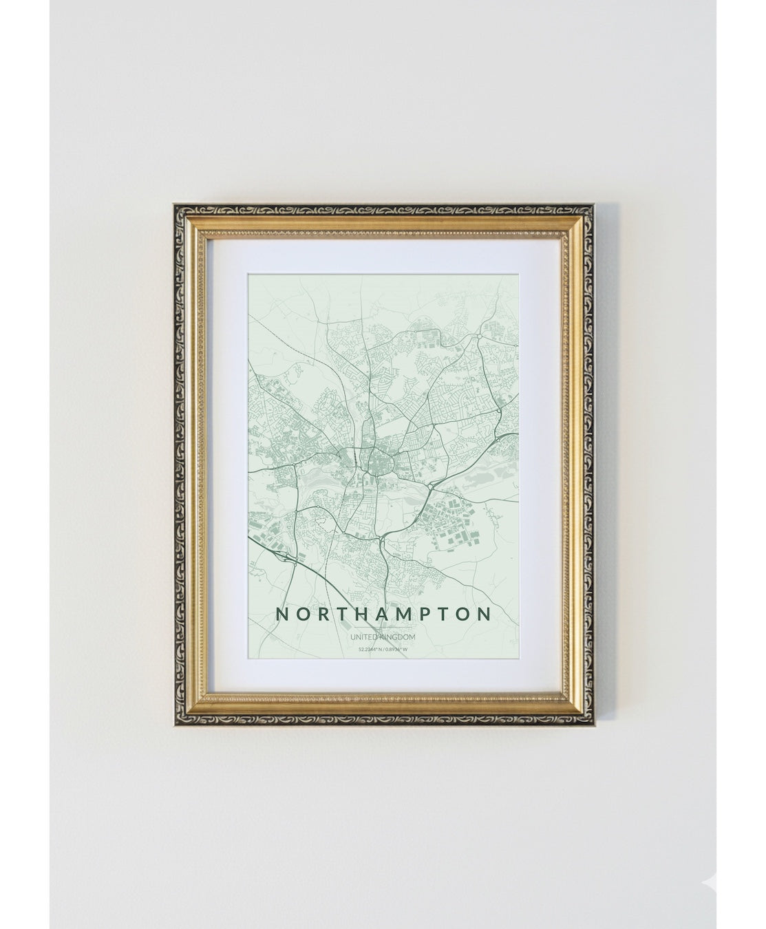 Antique Gold Framed Northampton City Map Print  Heritage Green Edition A4 Poster