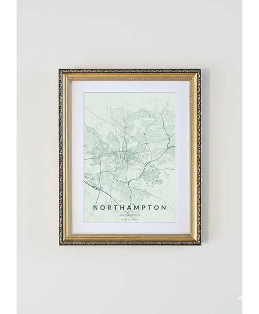 Antique Gold Framed Northampton City Map Print  Heritage Green Edition A4 Poster