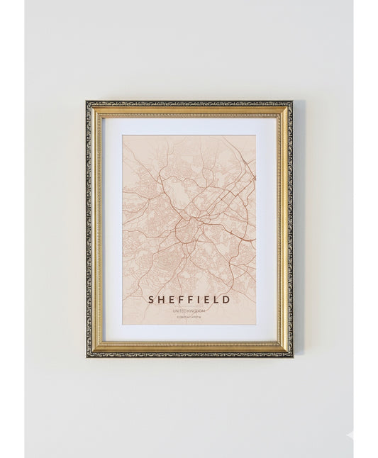 Antique Gold Framed Sheffield City Map Print  Copper Edition A4 Poster