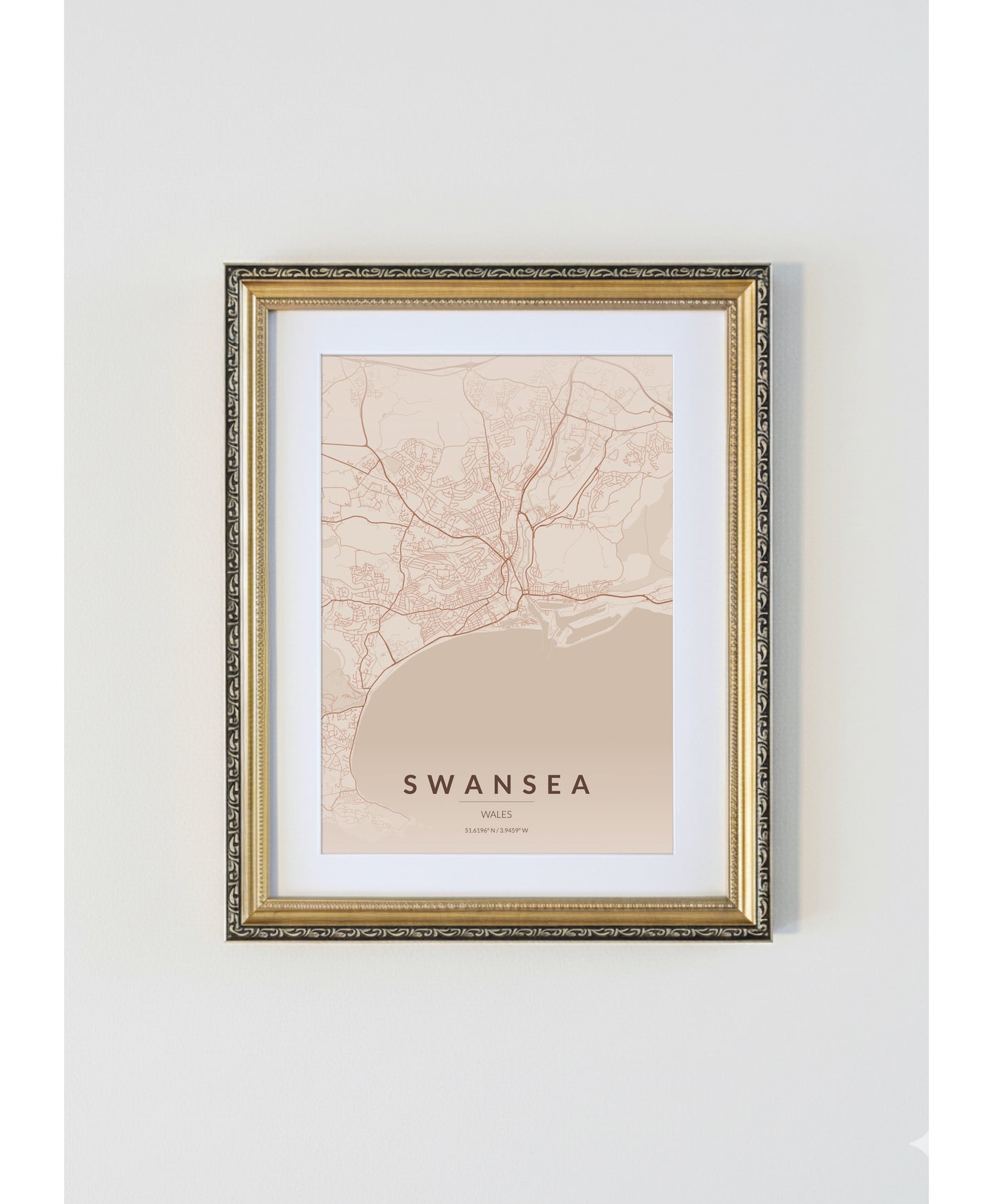 Antique Gold Framed Swansea City Map Print  Copper Edition A4 Poster