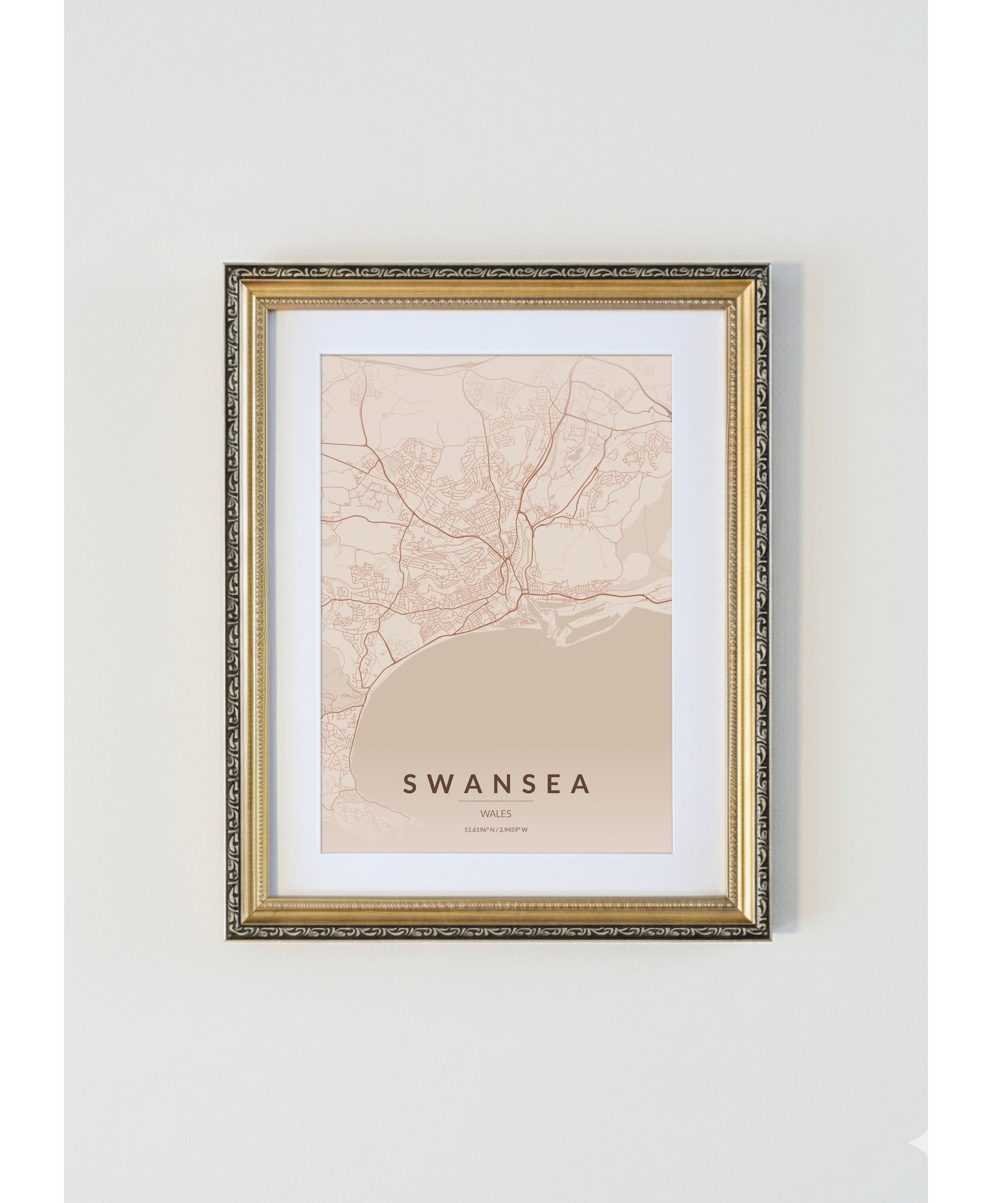 Antique Gold Framed Swansea City Map Print  Copper Edition A4 Poster