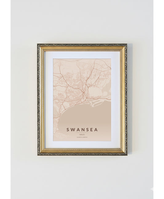 Antique Gold Framed Swansea City Map Print  Copper Edition A4 Poster