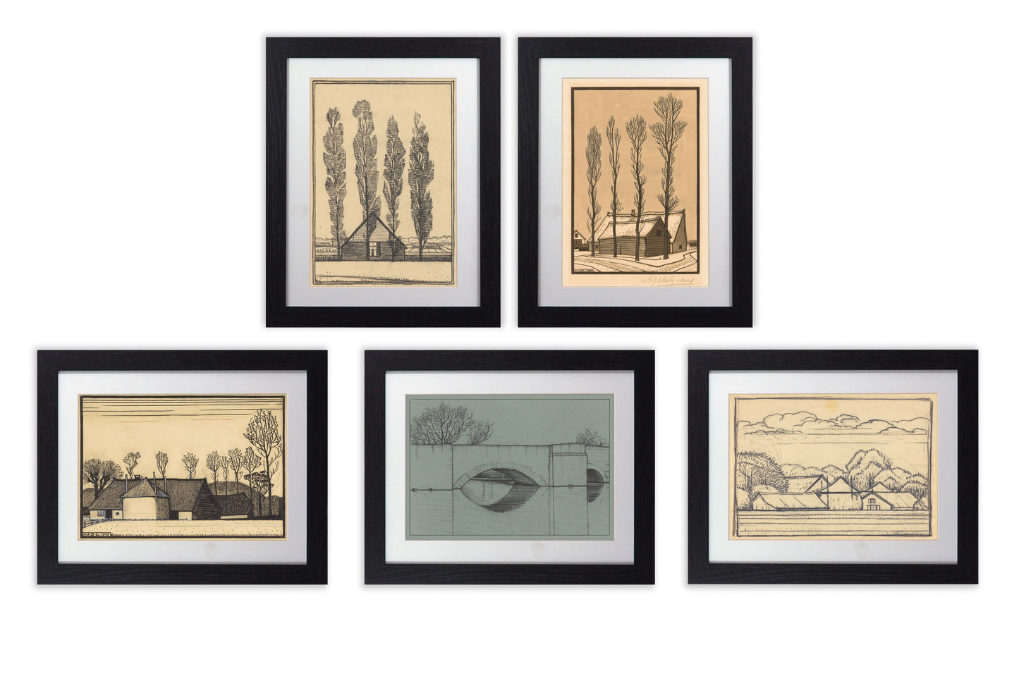 Set of 5 Framed Landscape Prints - Julie de Graag Woodcut Art