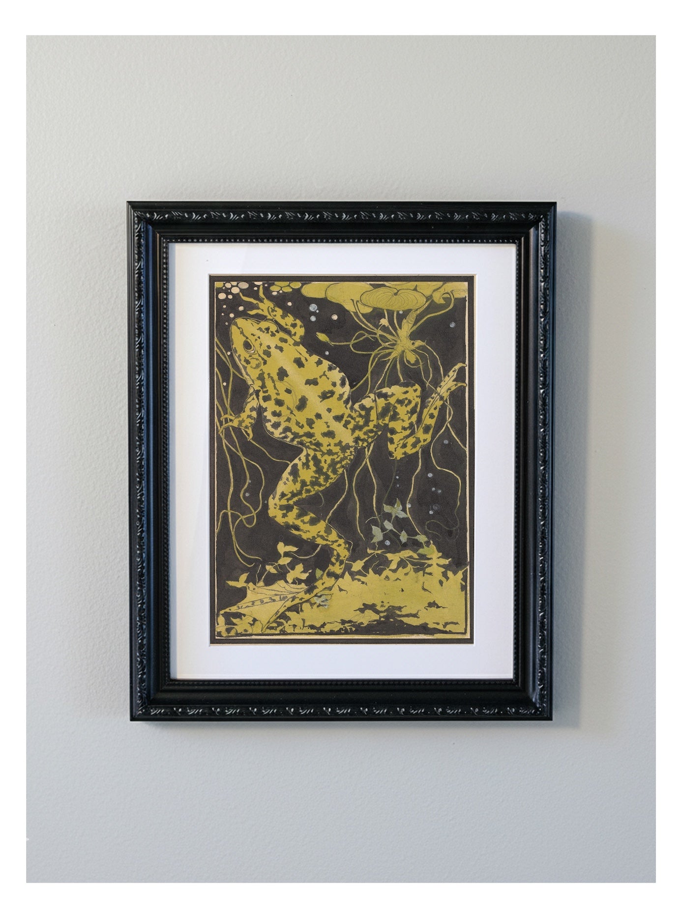 Julie de Graag Frog Woodcut Decorative Framed Print - Art Nouveau Nature Illustration,