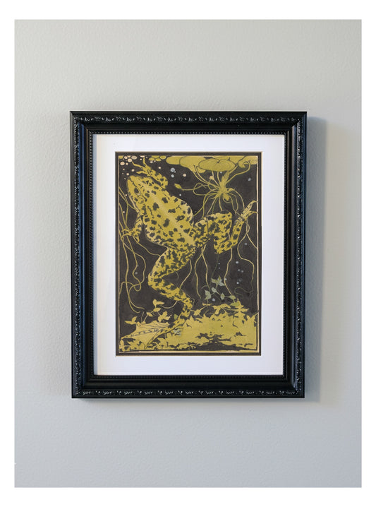 Julie de Graag Frog Woodcut Decorative Framed Print - Art Nouveau Nature Illustration,