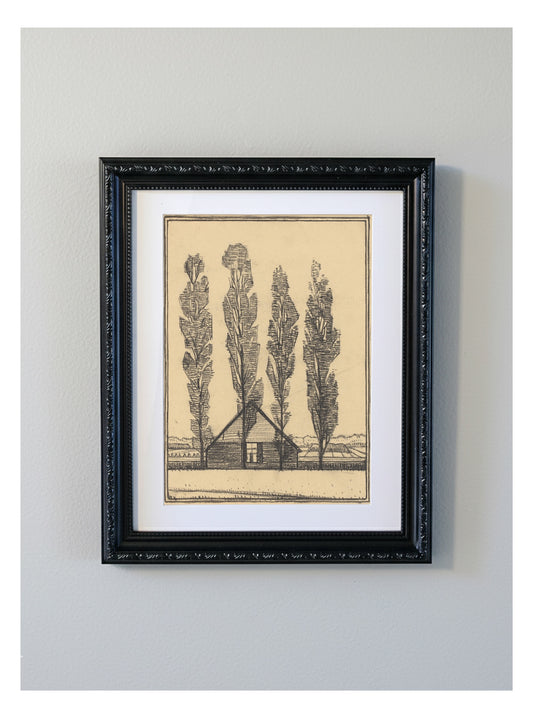 Julie de Graag Four Poplars Decorative Framed Print - Dutch Farmhouse Woodcut Art