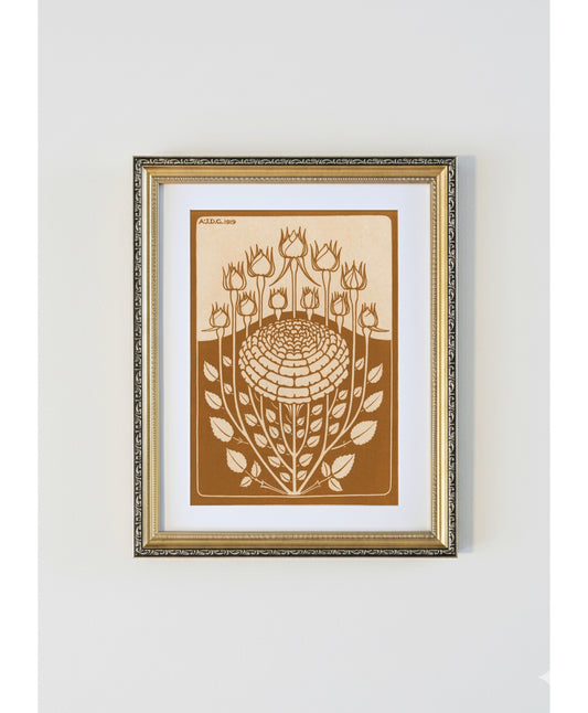 Julie de Graag Floral Woodcut Antique Gold Framed Print - 1919 Decorative Flower Botanical Art Nouveau