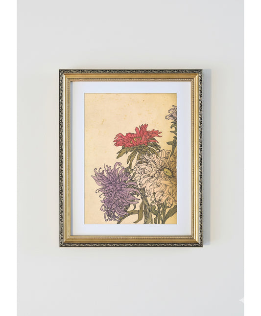 Julie de Graag Aster Flowers Antique Gold Print - Red & Purple Floral Woodcut Framed Print, Vintage Art Nouveau Flower Illustration
