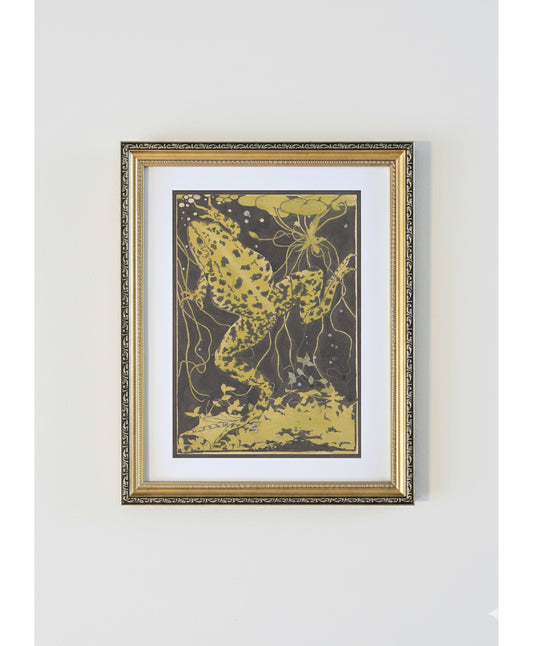 Julie de Graag Frog Woodcut Antique Gold Framed Print - Art Nouveau Nature Illustration,