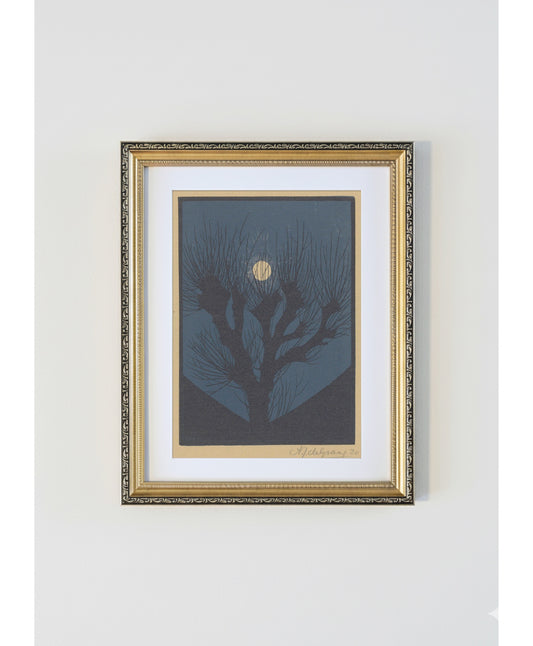 Julie de Graag Moonlight Antique Gold Framed Print - 1920 Dutch Landscape Woodcut,