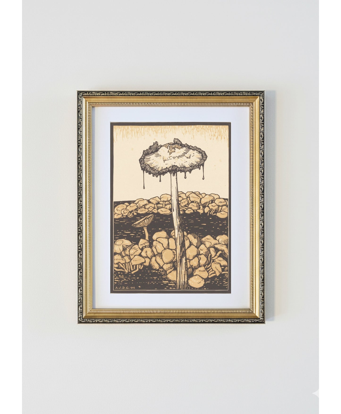Julie de Graag Mushroom Antique Gold Framed Print - 1916 Fungi Woodcut