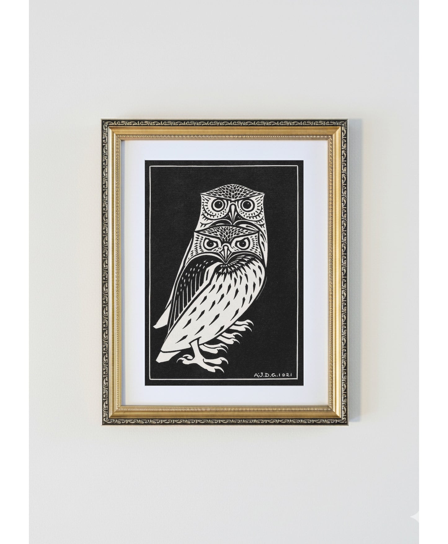 Julie de Graag Owls Antique Gold Framed Print - 1921 Dutch Woodcut