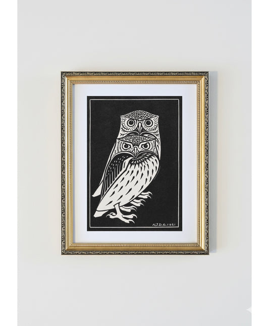 Julie de Graag Owls Antique Gold Framed Print - 1921 Dutch Woodcut