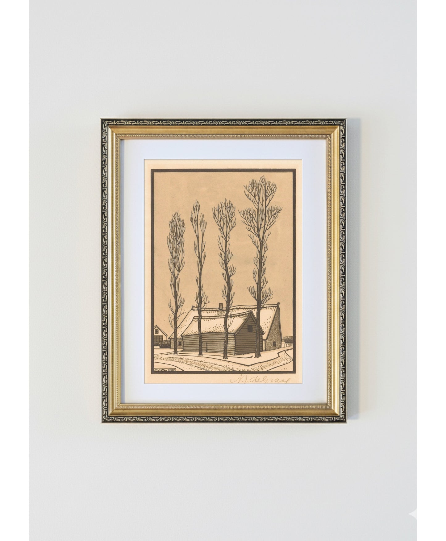 ulie de Graag Two Poplars Antique Gold Framed Print - 1920 Dutch Woodcut