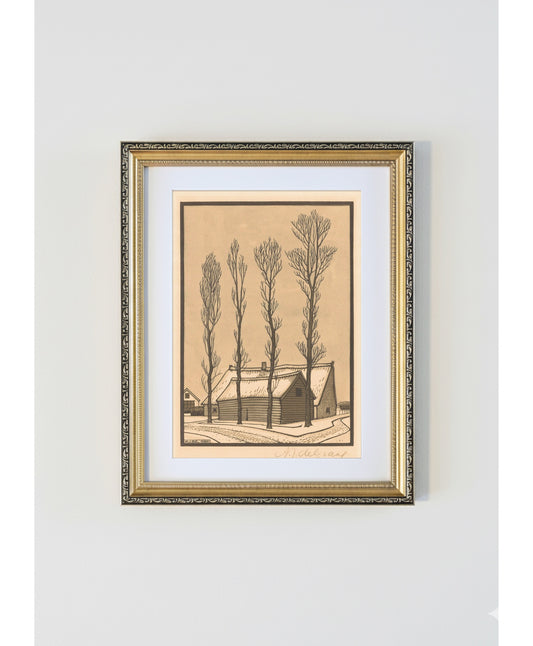 ulie de Graag Two Poplars Antique Gold Framed Print - 1920 Dutch Woodcut
