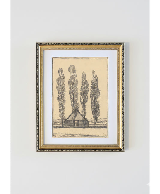 Julie de Graag Four Poplars Antique Gold Framed Print - Dutch Farmhouse Woodcut Art