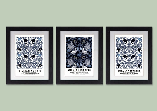 Set of 3 Framed William Morris Prints - Navy & White