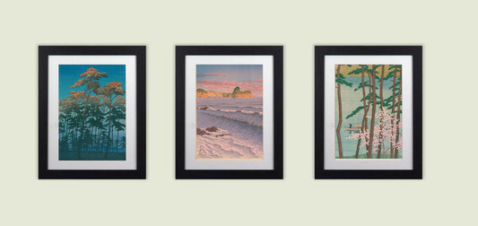 Set of 3 Japanese Woodblock Kawase Framed Prints  Landscape Art 11"x14" Frame