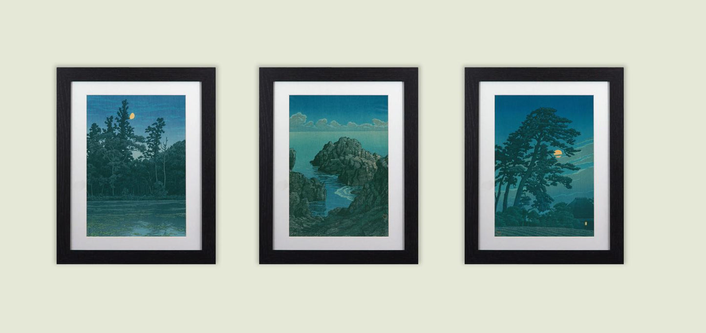 Set of 3 Kawase Framed Prints - Moonlit Night Woodblock Collection 11"x14" Frame