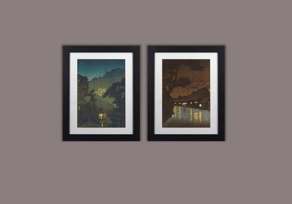 Kawase Framed Prints Set of 2 Japanese Night Rain Woodblock Art 11"x14" Frame