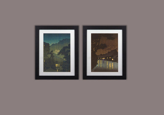 Kawase Framed Prints Set of 2 Japanese Night Rain Woodblock Art 11"x14" Frame