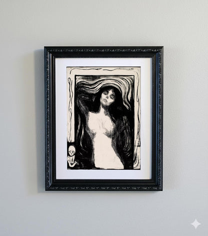 Framed Edvard Munch's Madonna Monochrome Lithograph Print - Ornate Black Frame