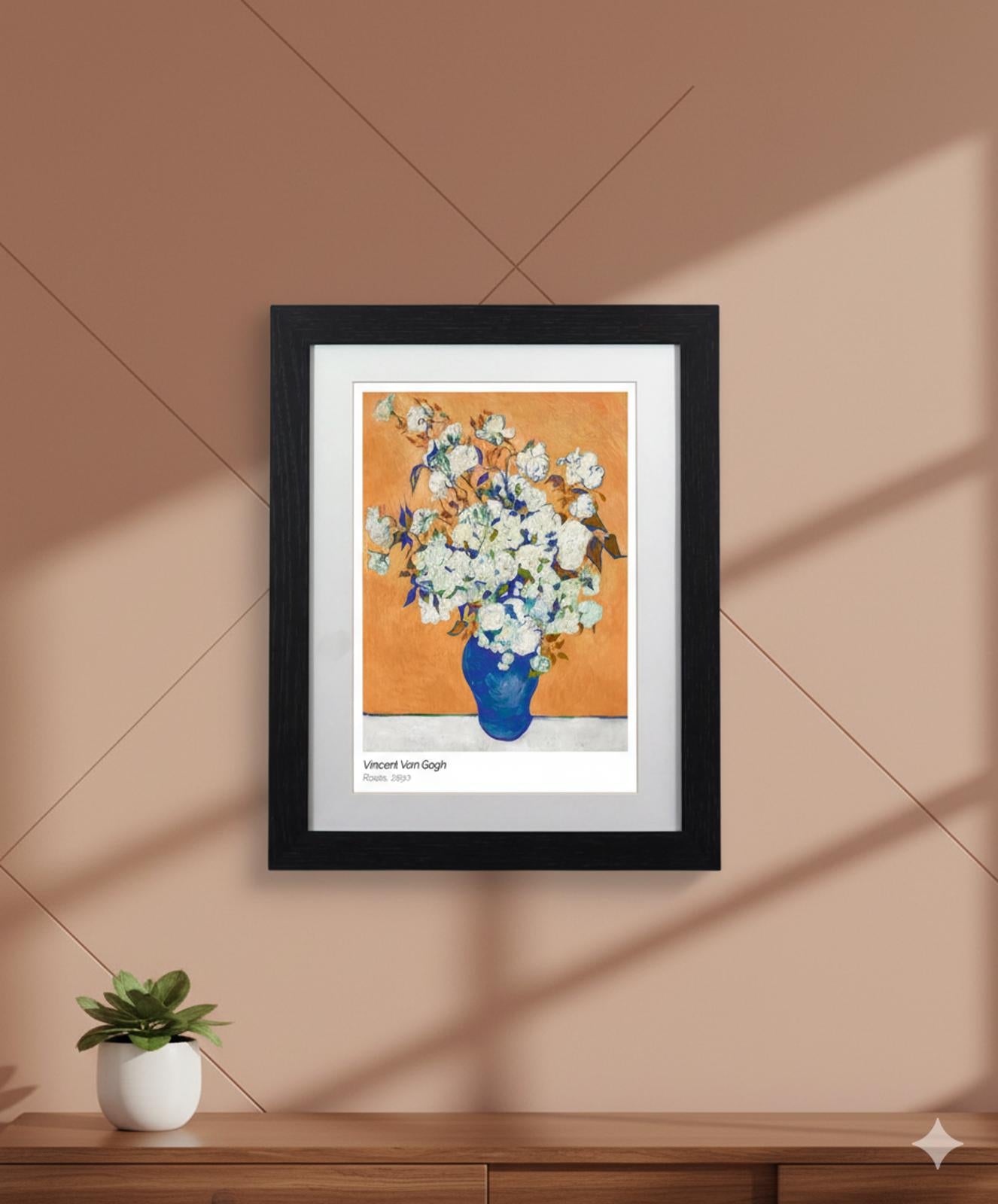 Framed Art Print | Vase with White Roses by Vincent Van Gogh 11"x14" Black Frame