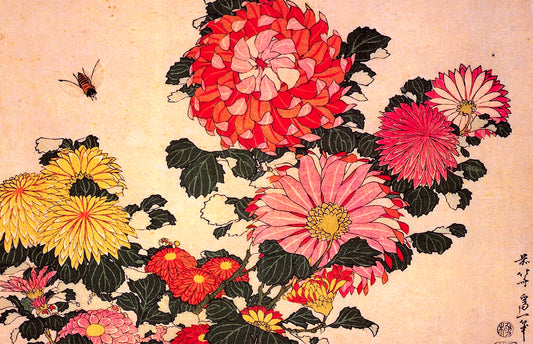 Chrysanthemums and Bee - Hokusai Inspired Floral