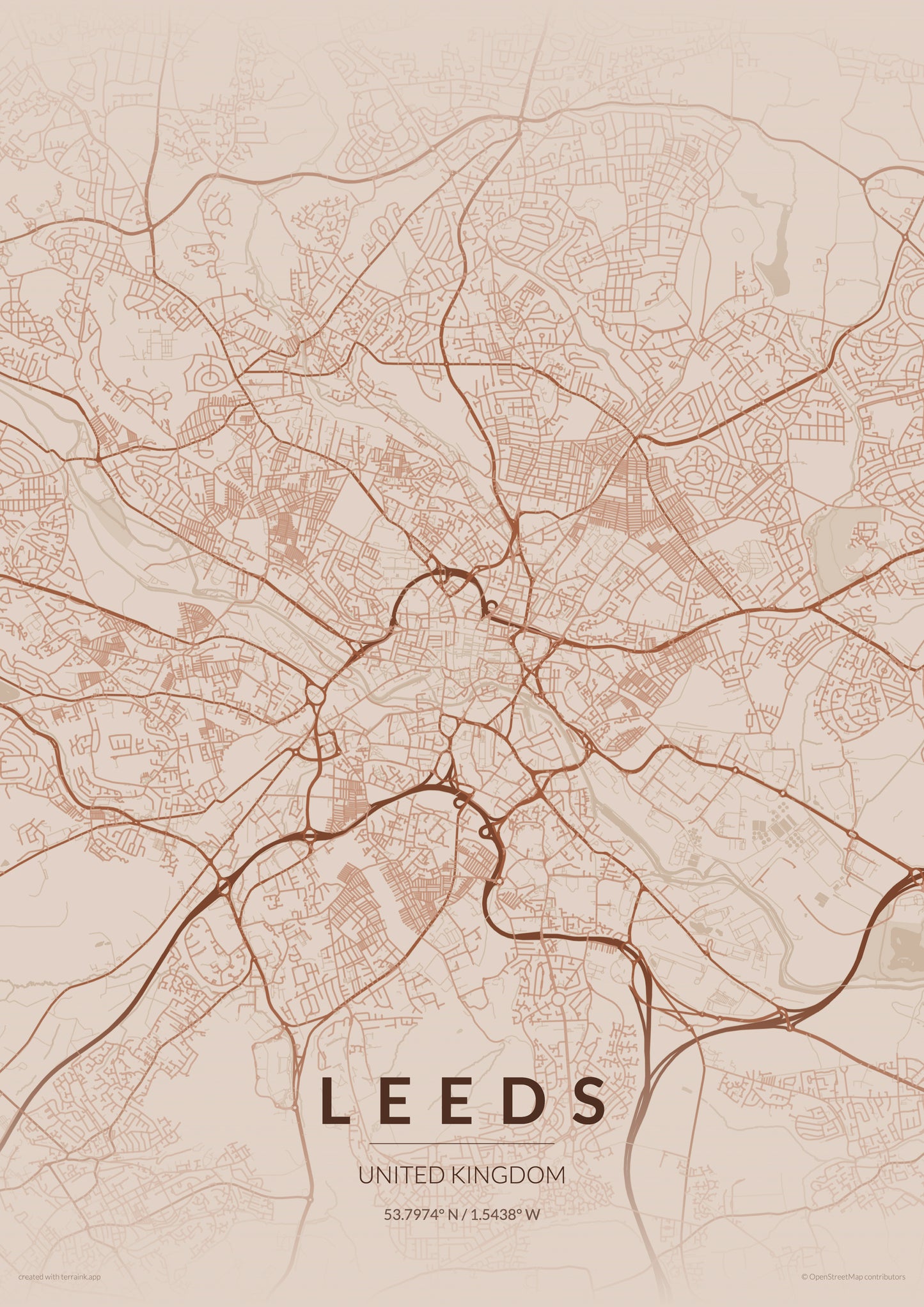 Leeds City Map Print - Copper Edition