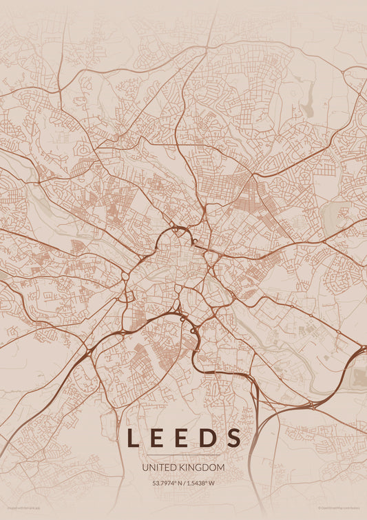 Leeds City Map Print - Copper Edition