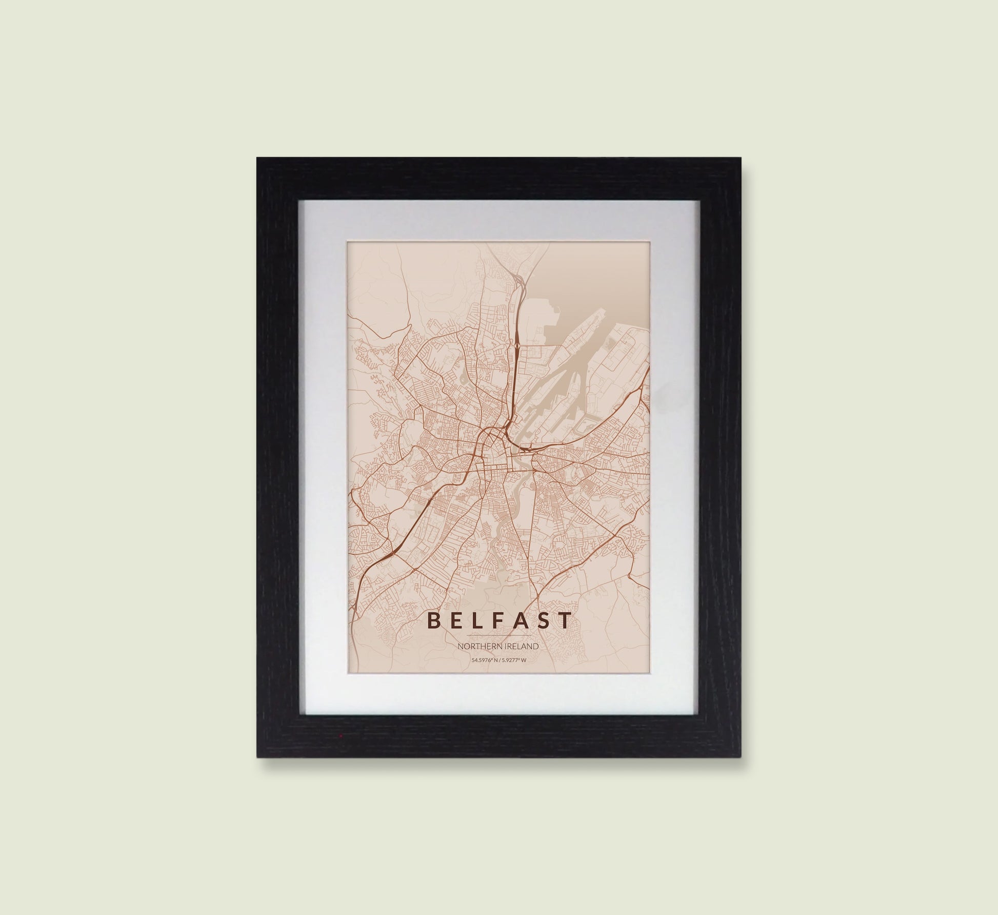 Framed Belfast City Map Print - Copper Edition A4 Poster - Modern Black Frame
