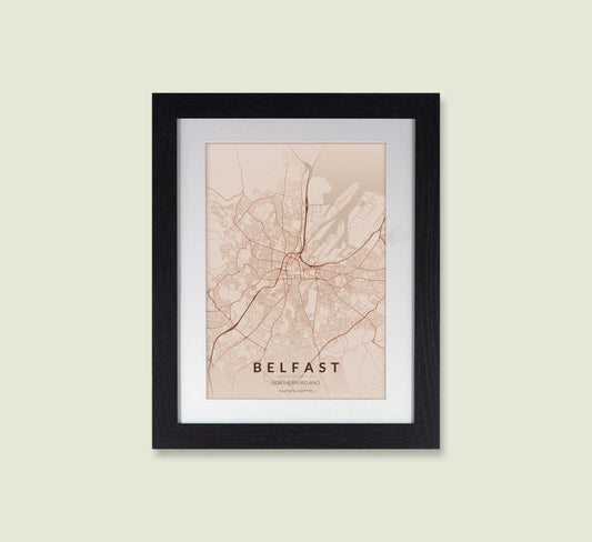 Framed Belfast City Map Print - Copper Edition A4 Poster - Modern Black Frame